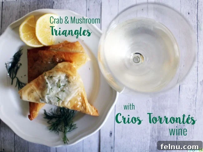 Forest and Ocean Crab Puffs 4 Crab Puffs and Mushroom Puff Pastry Triangle Appetizer with white wine