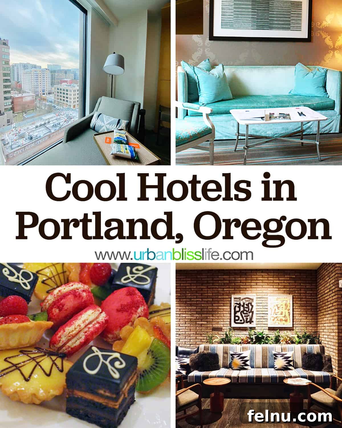 Portland's Indie Stays: Boutique Hotels with Personality 2 Four vibrant photos showcasing Portland hotels: a stylish room view, a cozy sitting area, a delightful fruit tray, and a modern business center with the title text "Cool hotels in Portland, Oregon"