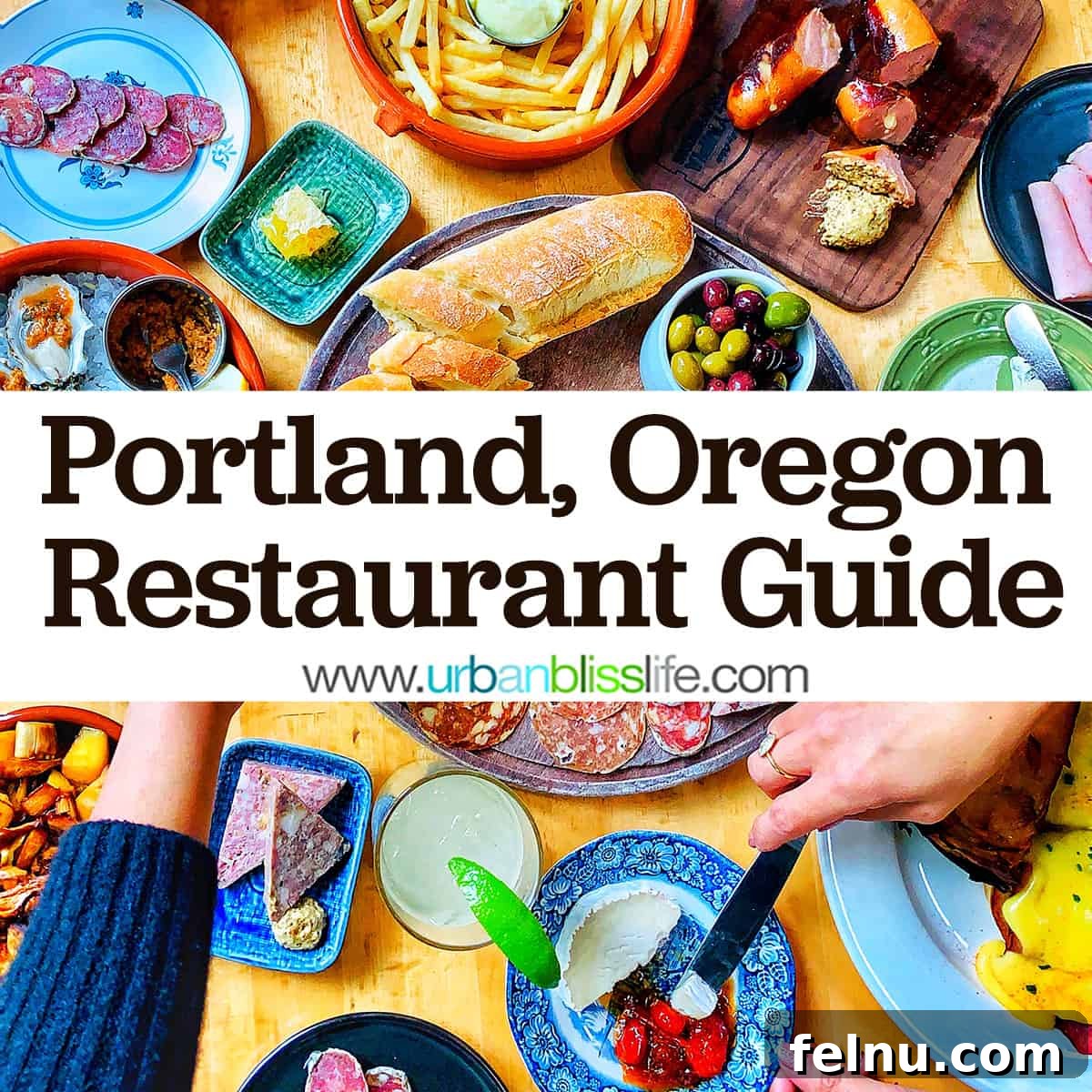 Portland's Indie Stays: Boutique Hotels with Personality 15 A vibrant and colorful food spread from Olympia Provisions restaurant, representing the diverse culinary scene in Portland, with the title text that reads "Portland, Oregon Restaurant Guide"