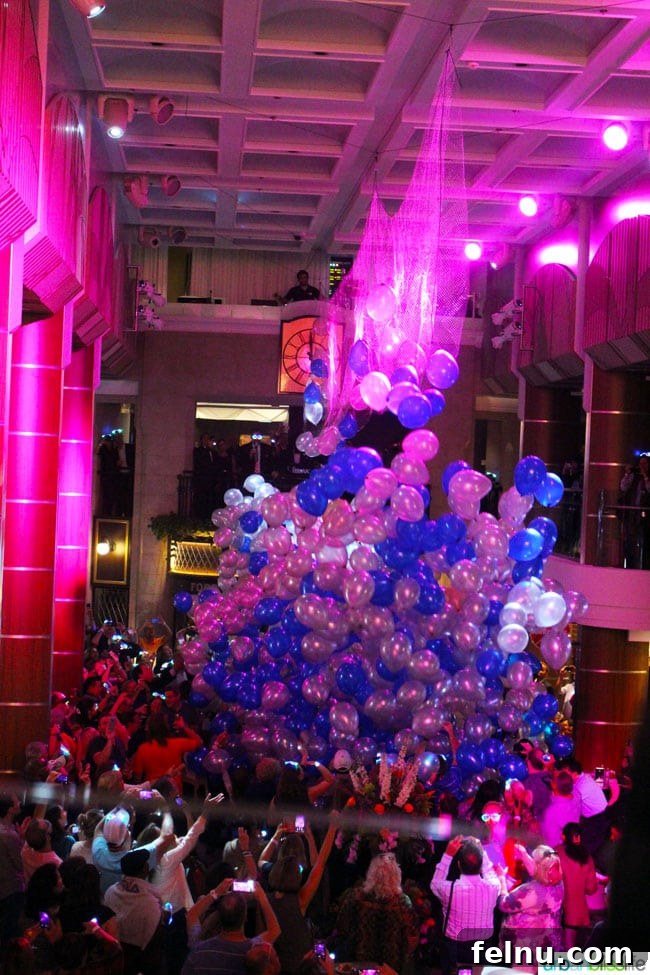 Anthem of the Seas Entertainment Extravaganza 3 A shower of colorful balloons descends in the main atrium of Anthem of the Seas, celebrating the start of an unforgettable cruise.