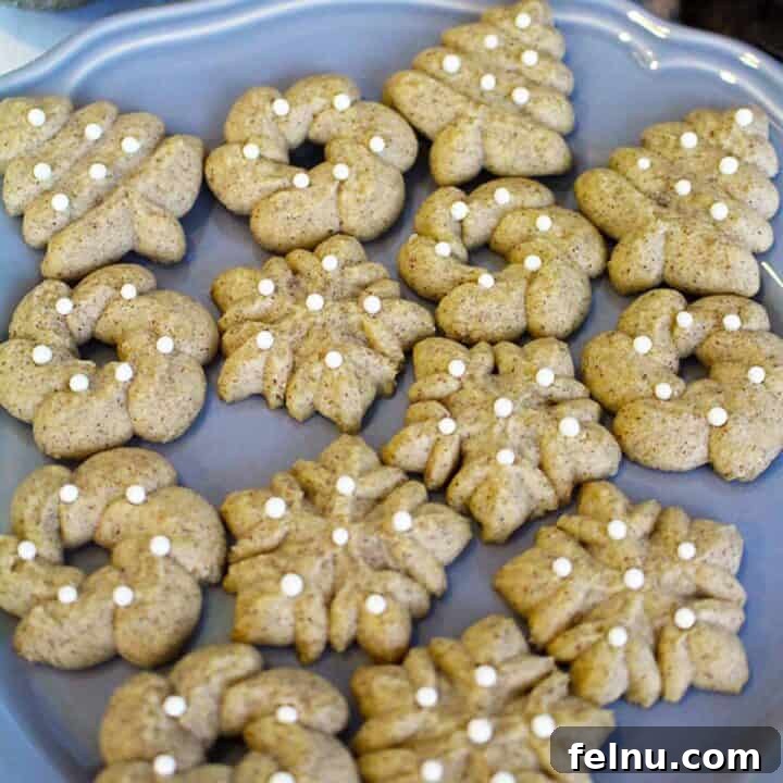 Cinnamon Swirl Delights 12 Cinnamon Christmas Spritz Cookies on a plate.