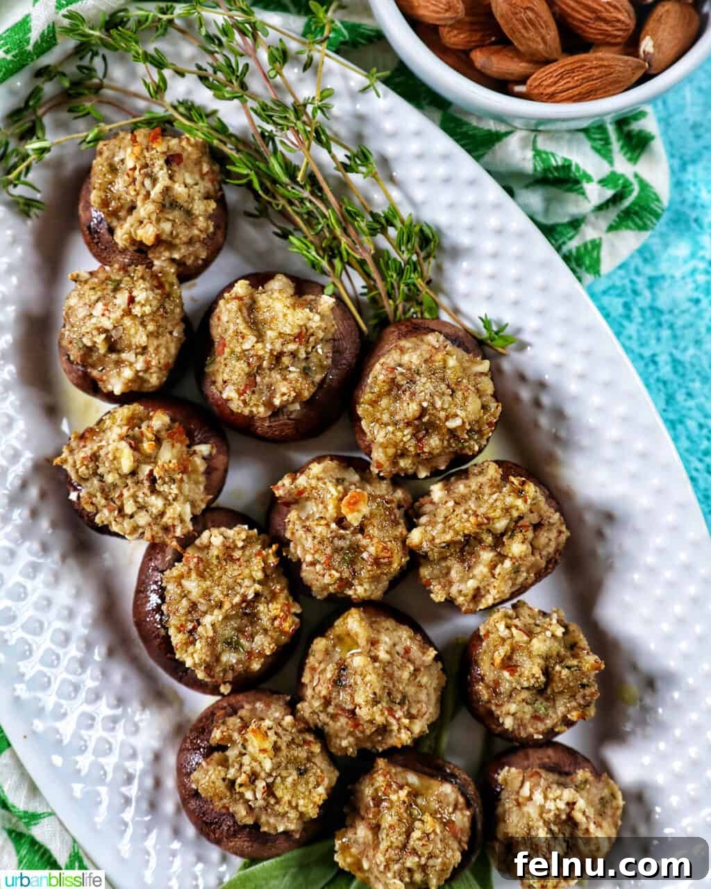 Vegan Delight: Savory Mushroom Caps 2 Vegan Stuffed Mushrooms on a platter
