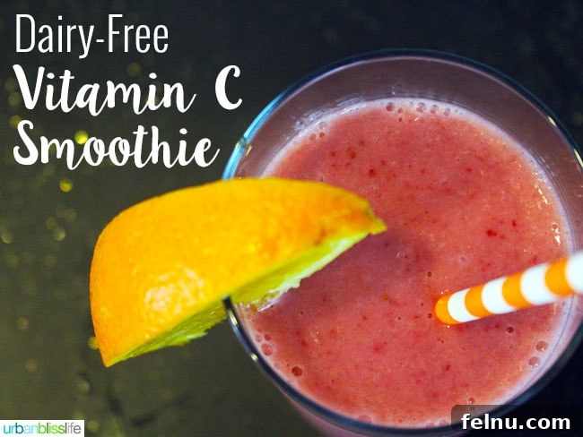 Radiant C Almond Smoothie 4 Overhead shot of Dairy-Free Vitamin C Smoothie with ingredients on the side