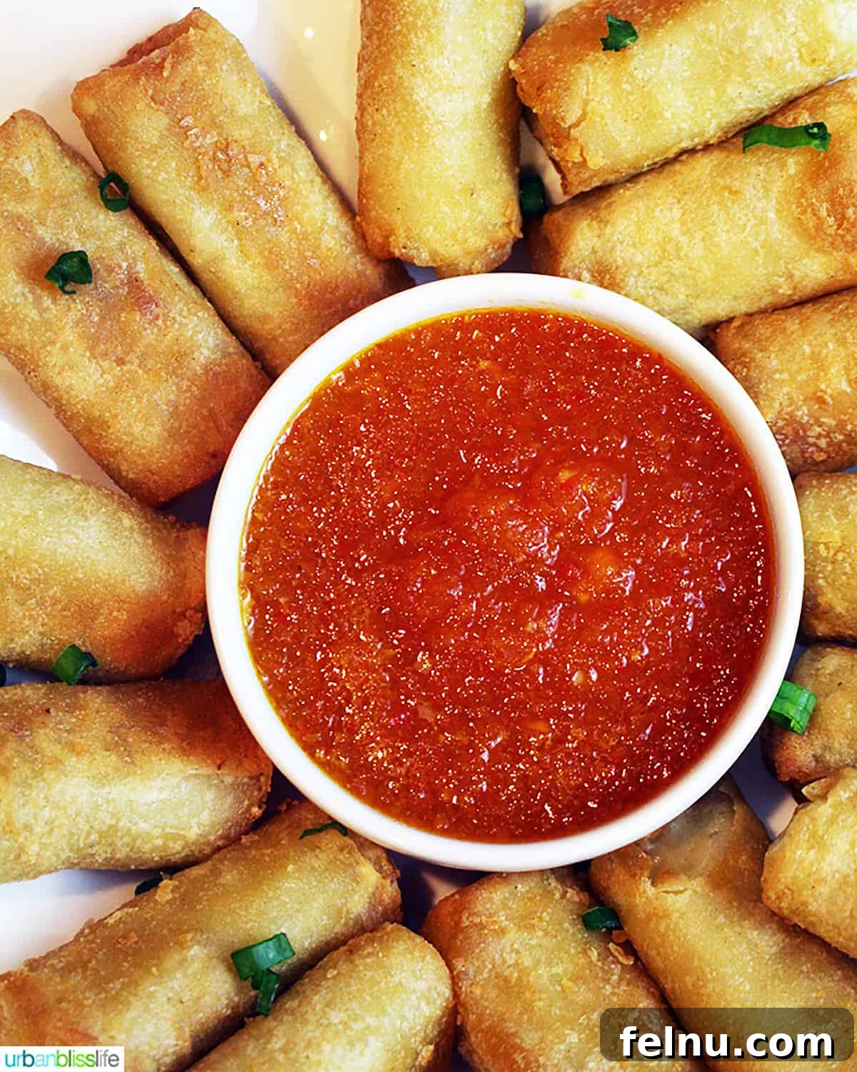 Sweet and Spicy Chili Dip 2 Sweet chili dipping sauce served in a bowl, surrounded by golden brown egg rolls, creating an inviting appetizer spread.
