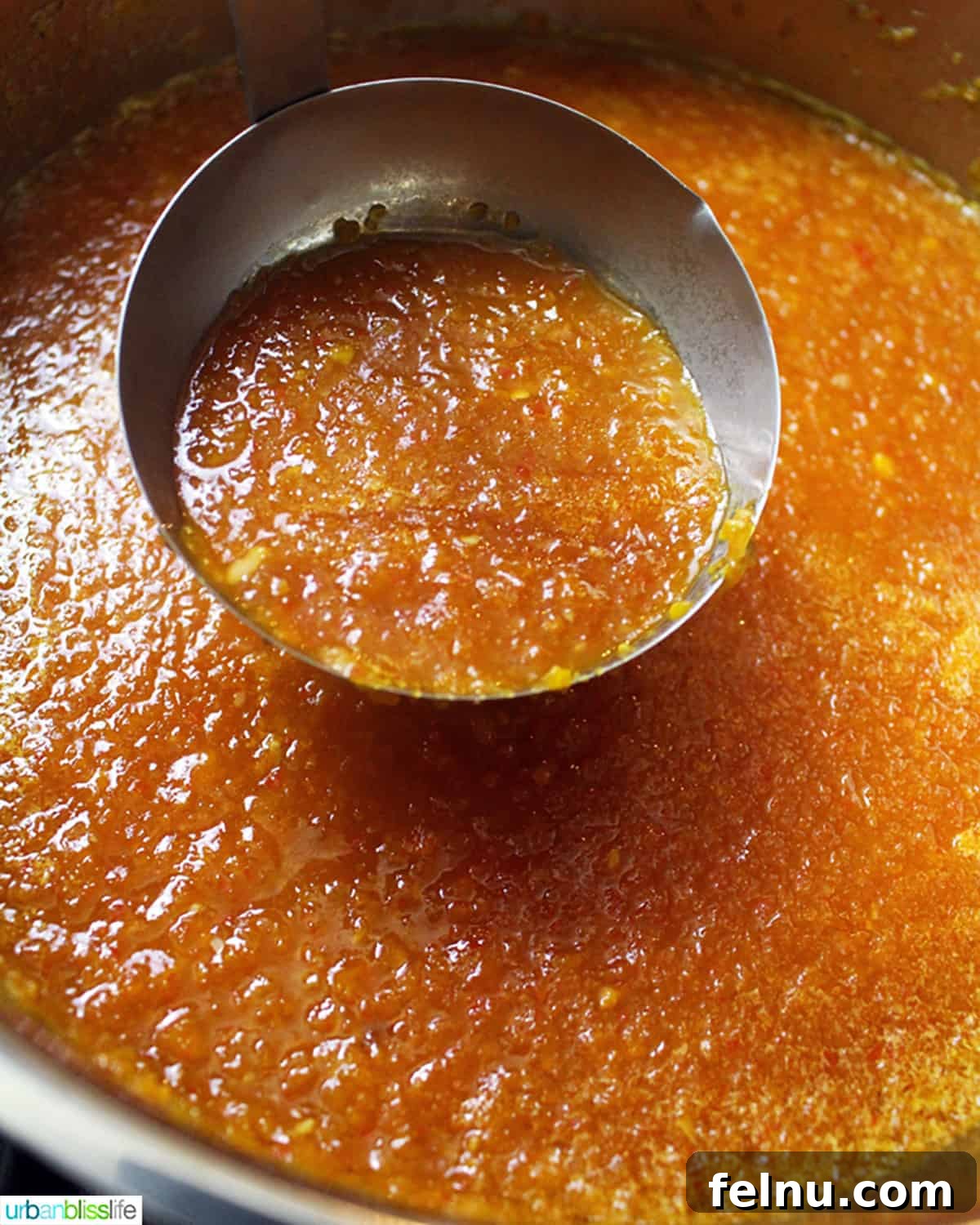 Sweet and Spicy Chili Dip 6 A ladle lifting sweet chili dipping sauce above a large pot filled with the homemade chili sauce, showing the sauce's texture and vibrant color.