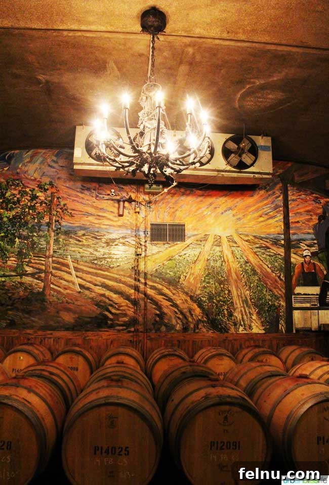 Walla Walla's Pepper Bridge Winery 9 Rows of oak wine barrels stacked in the Pepper Bridge Winery cellar, a serene and impressive sight where wine silently ages.