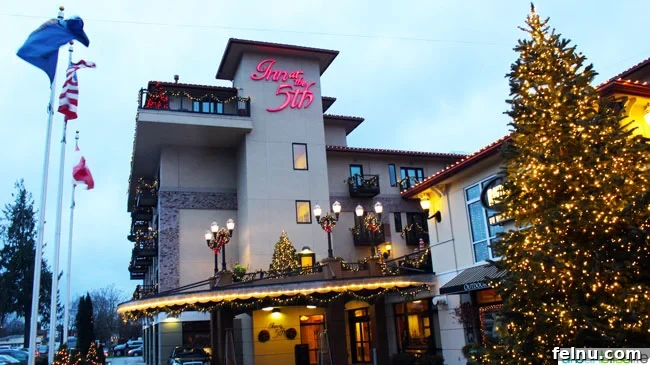 The Inn at the 5th hotel exterior, showcasing its elegant architecture in downtown Eugene.