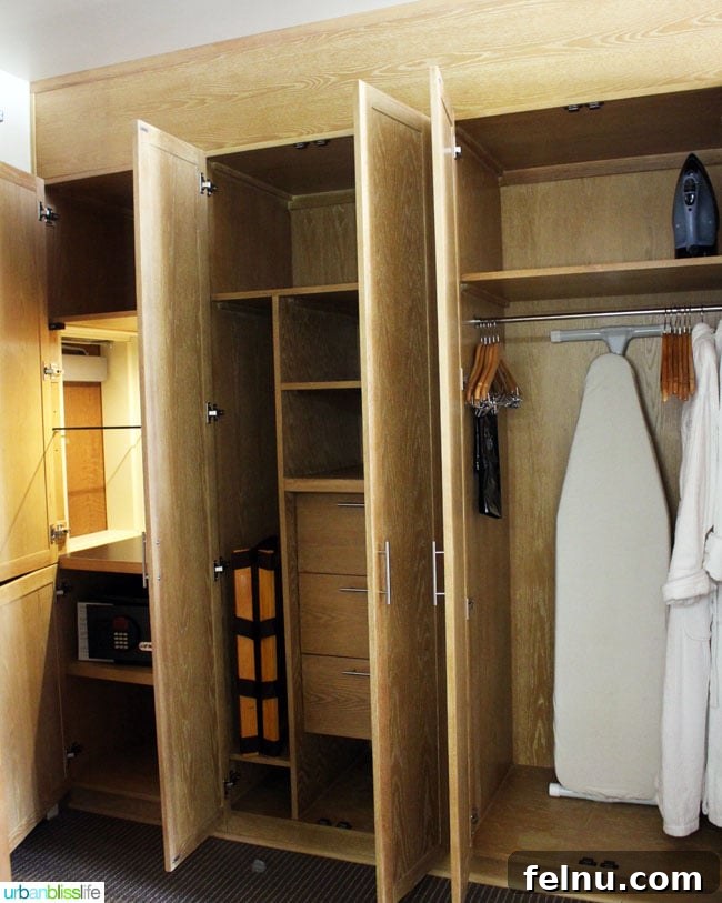 The ample closet space in the guest room at the Inn at the 5th, ensuring guests have plenty of room to store their belongings.