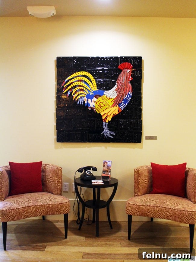 A piece of the unique art displayed in the lobby of Inn at the 5th, showcasing the hotel's commitment to aesthetic excellence.