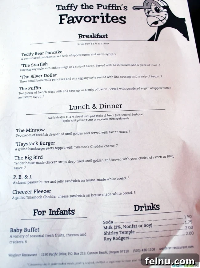 Dining at The Wayfarer Cannon Beach's Iconic Eatery 9 Kids menu at Wayfarer Restaurant, Cannon Beach, highlighting family-friendly dining