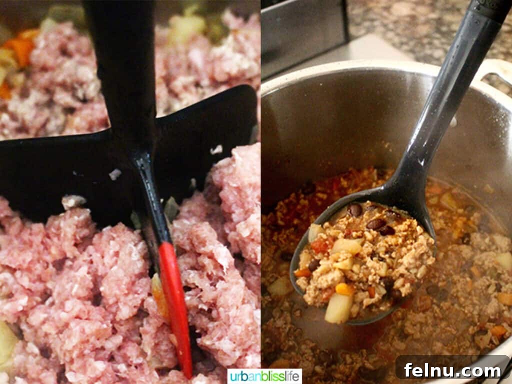 Hearty Dutch Oven Turkey Chili with Farro and Stout 5 Close-up view of ground turkey browning in a Dutch oven, surrounded by sautéing vegetables, illustrating the initial cooking phase.