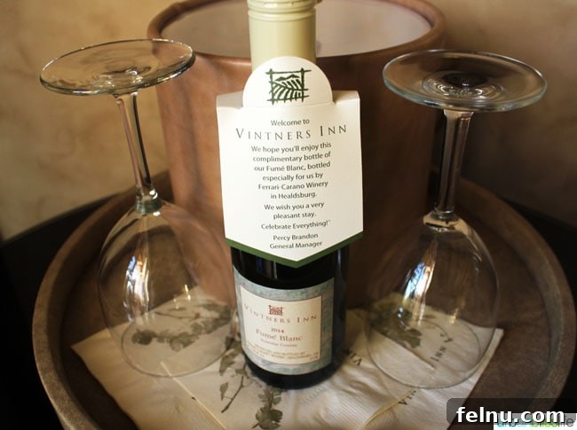 Vintners Inn Your Santa Rosa Escape 10 A complimentary bottle of wine waiting in a Vintners Inn room.