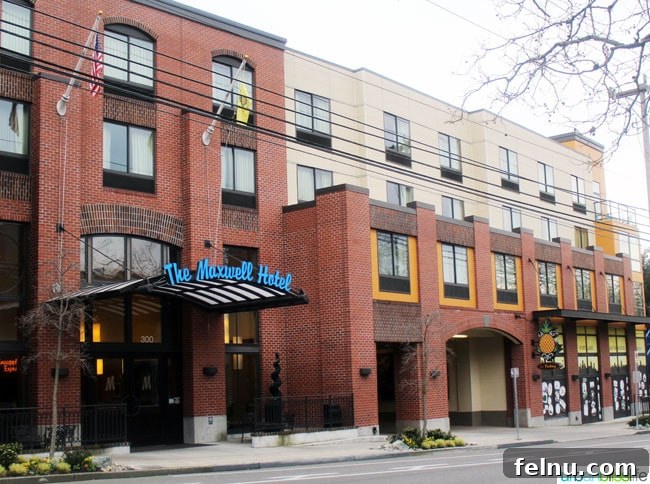 The exterior of The Maxwell Hotel Seattle, a colorful and inviting boutique hotel in Seattle's Queen Anne neighborhood.