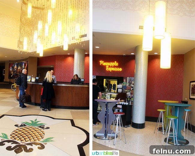 The vibrant and welcoming lobby of The Maxwell Hotel Seattle, adorned with colorful decor and comfortable seating.