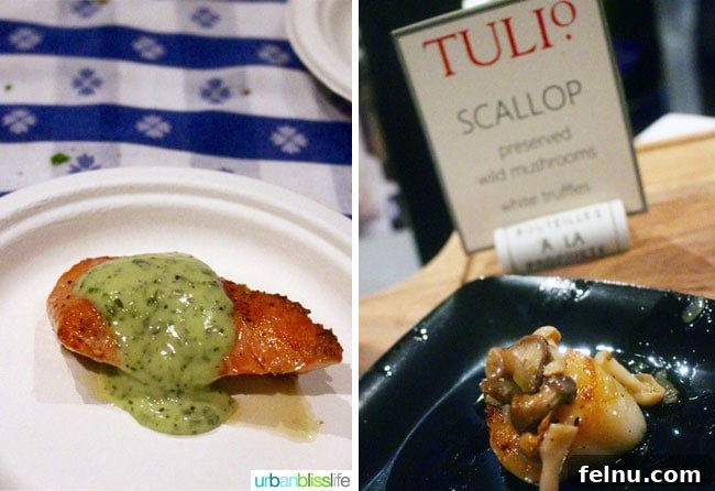Seattle Wine and Food Experience: POP! Bubbles and Seafood 9 Kickin’ Wild Alaska Salmon with Basil Citrus Vinaigrette and Scallop with Preserved Mushrooms and White Truffles, two delectable seafood dishes at the POP! event.