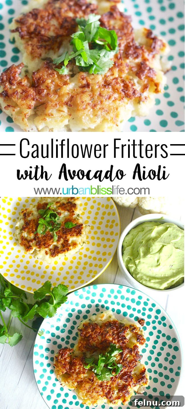 Cauliflower Fritters with Dairy-Free Avocado Aioli recipe on UrbanBlissLife.com