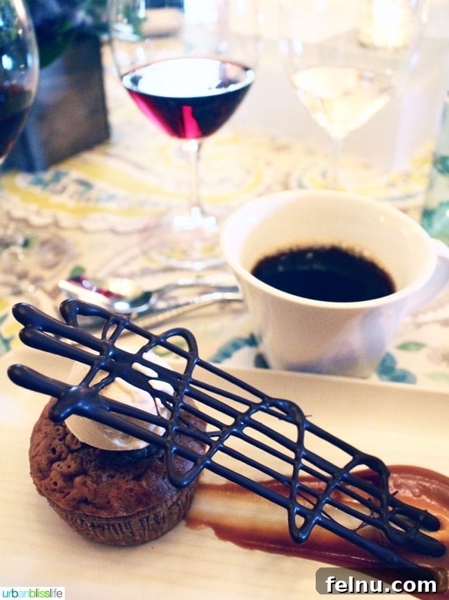 Rodney Strong Vineyards Your Sonoma Wine Escape 10 Decadent chocolate dessert on a white plate with a white cup of coffee in the background