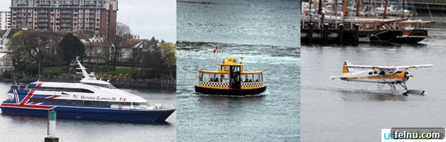 Water taxis and ferries in the harbor, viewed from the Delta Victoria Ocean Pointe Resort.