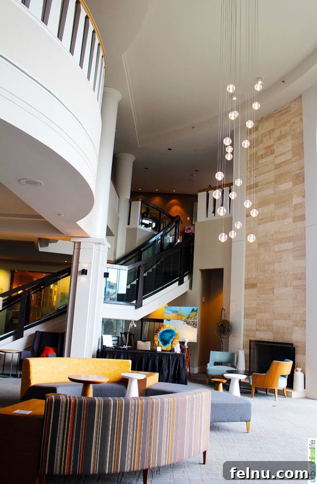 The modern and inviting lobby of the Delta Victoria Ocean Pointe Resort.