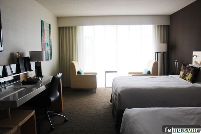 A Deluxe Water View Room at the Delta Victoria Ocean Pointe Resort.