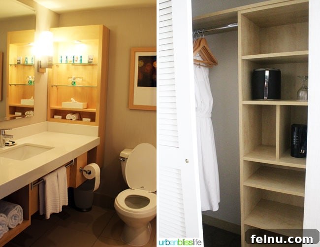 Bathroom and closet space in a guest room at the Delta Victoria Ocean Pointe Resort.