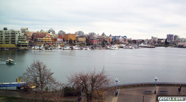 View of Victoria BC harbor from a guest room at the Delta Victoria Ocean Pointe Resort.