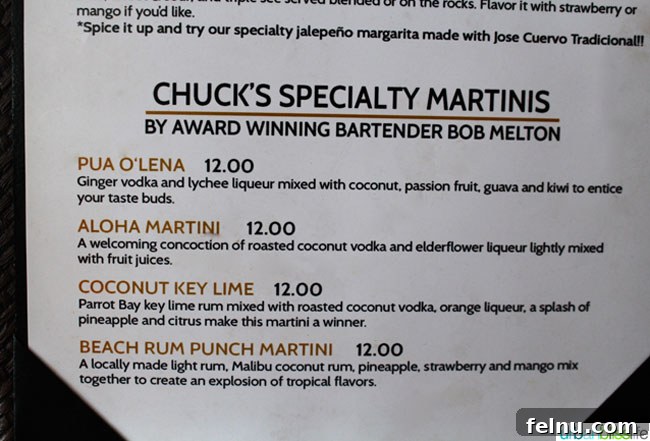 Award-winning cocktails menu at Chuck's Steak House