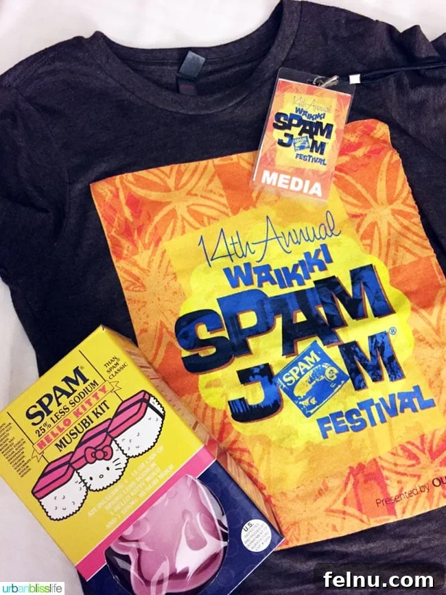 Prizes and merchandise from the Waikiki Spam Jam Tweet Up, including a Hello Kitty SPAM Musubi kit