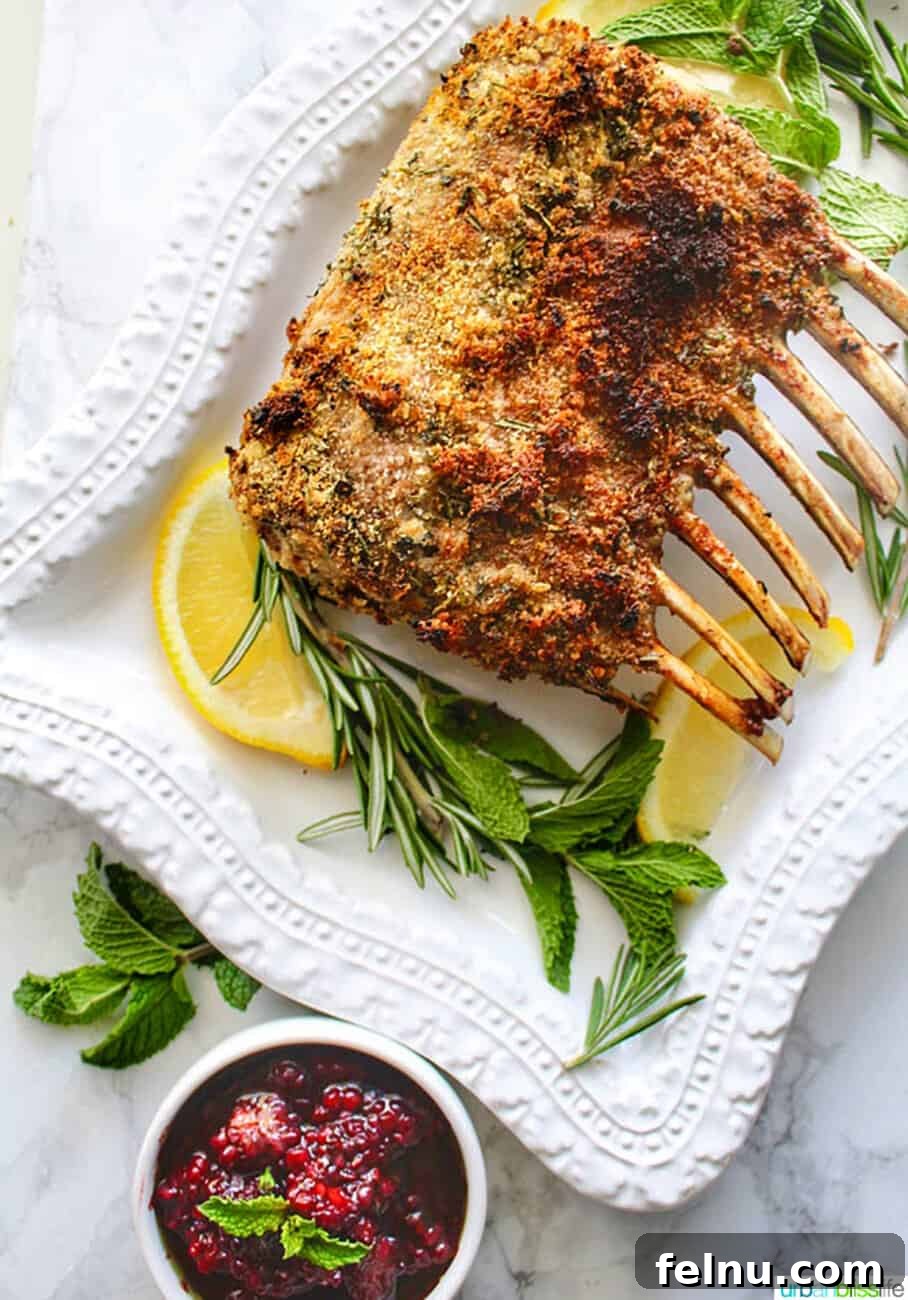 Aromatic Herb-Crusted Lamb Rack with Sweet-Tart Blackberry Balsamic 2 Delicious herb crusted rack of lamb with a side of vibrant blackberry balsamic sauce