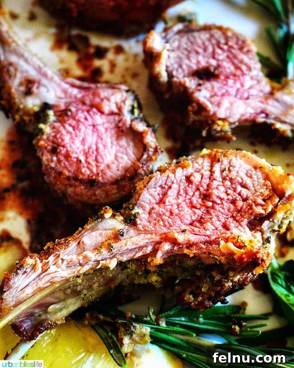 Aromatic Herb-Crusted Lamb Rack with Sweet-Tart Blackberry Balsamic 9 Perfectly roasted and sliced rack of lamb, showing off its pink medium-rare interior