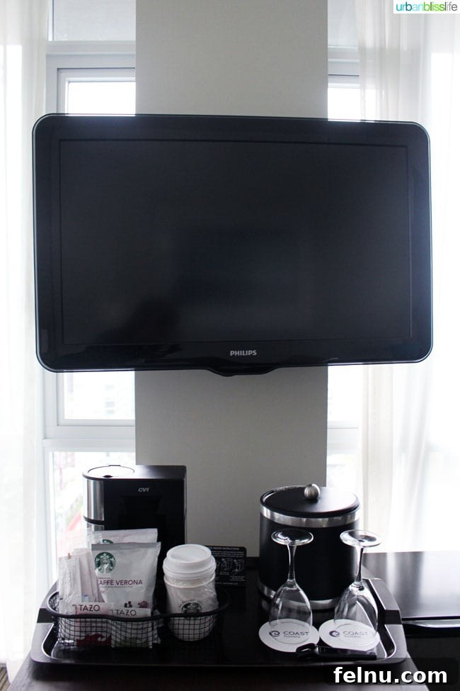 Coast Coal Harbor Hotel Your Ideal Vancouver BC Stay 7 Modern and clean desk area in a hotel room at Coast Coal Harbour Hotel