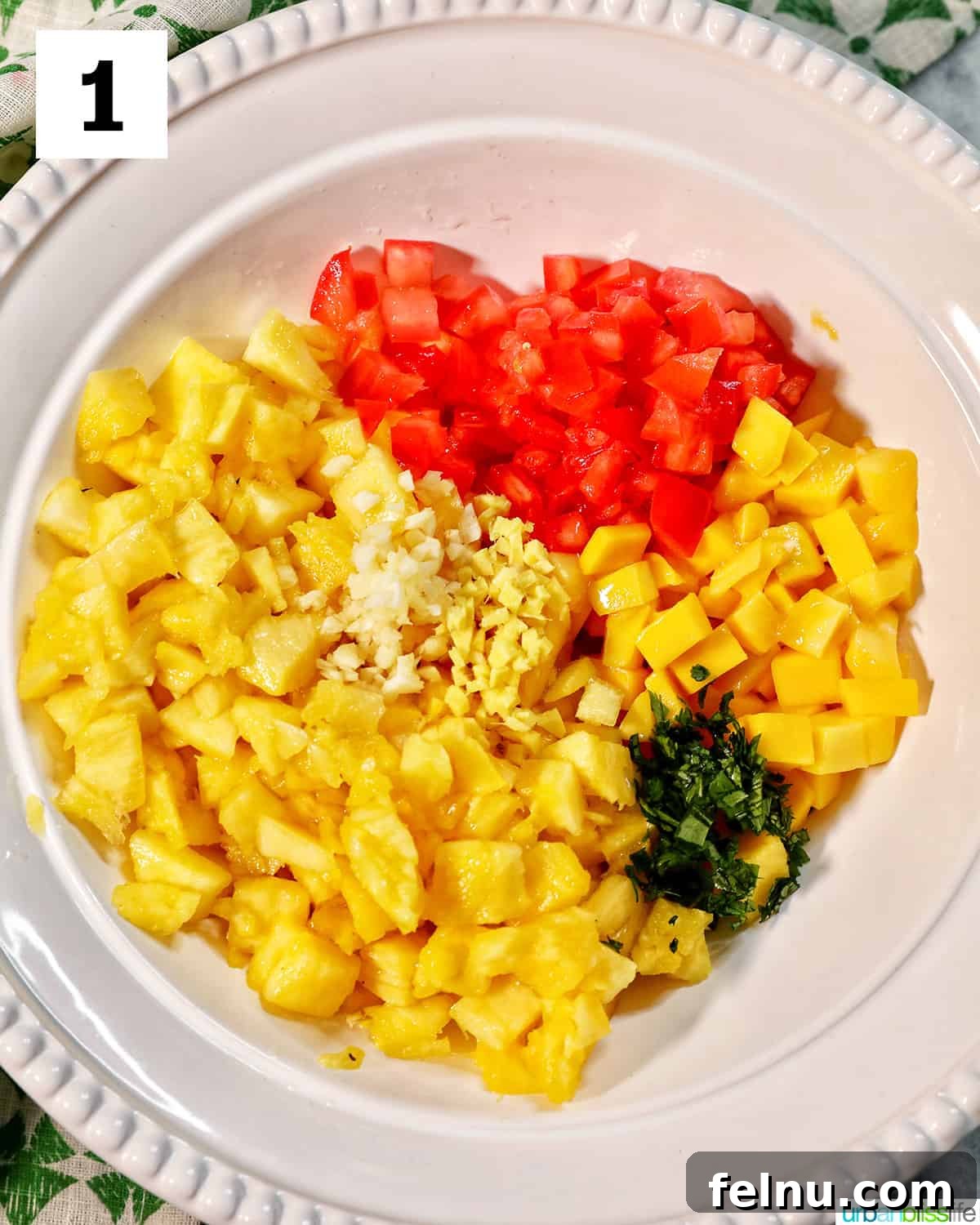 Sun-Kissed Fruit Salsa 5 A large white bowl brimming with all the freshly chopped ingredients for pineapple mango salsa, pre-mixed and showcasing the vibrant colors before being fully tossed.