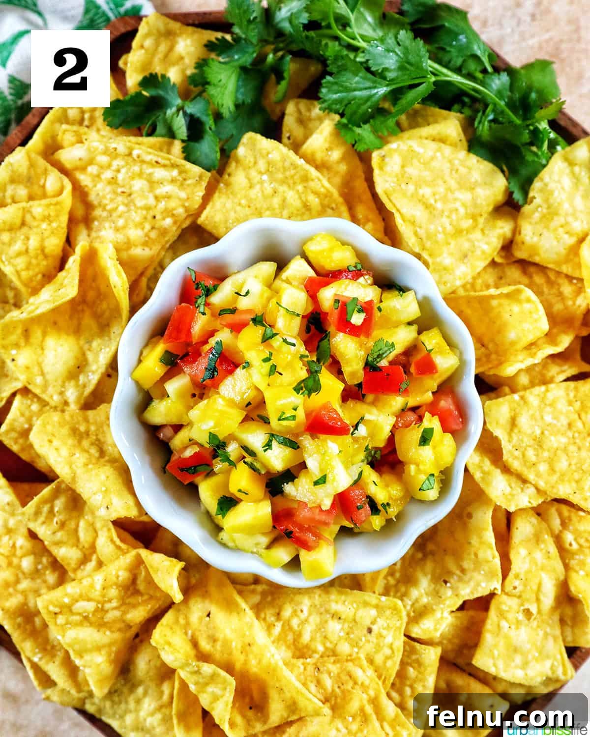 Sun-Kissed Fruit Salsa 6 A generous pile of crispy tortilla chips surrounds a central bowl of vibrant pineapple mango salsa, garnished with fresh greens, invitingly ready for dipping.