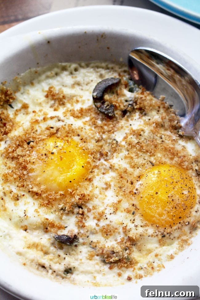 A close-up of the Baked Eggs dish at Lincoln Restaurant, featuring creamy eggs with olives and herbed breadcrumbs.