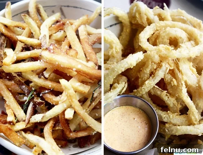 The Hand-Cut Fries and Cornmeal Onion Rings at Lincoln Restaurant.