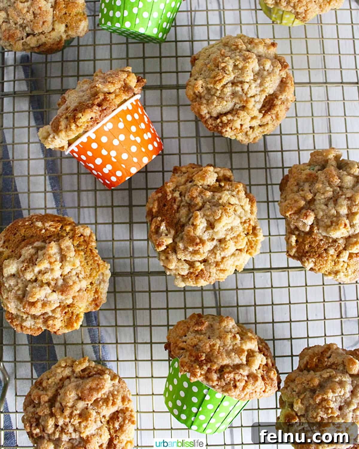 Cinnamon Apple Crumble Muffins 2 Freshly baked Apple Cinnamon Streusel Muffins cooling on a wire rack.