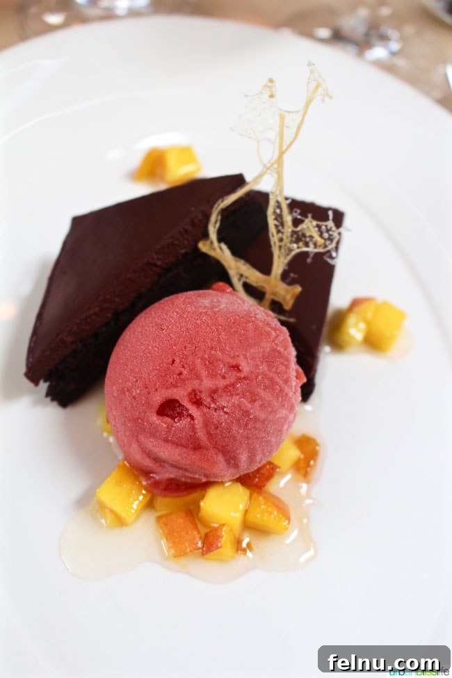 Mushroom Wine Pairing Experience 11 Peach Sorbet with Dairy-Free Chocolate Torte