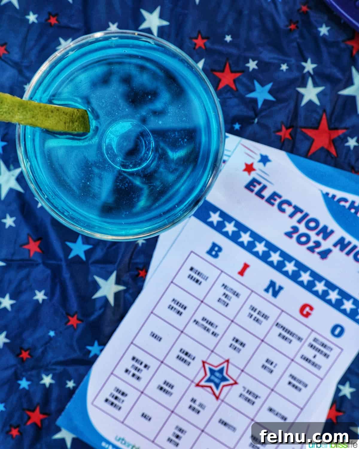 Election Celebration: Games and Printables 5 blue wave cocktail next to election night bingo cards.