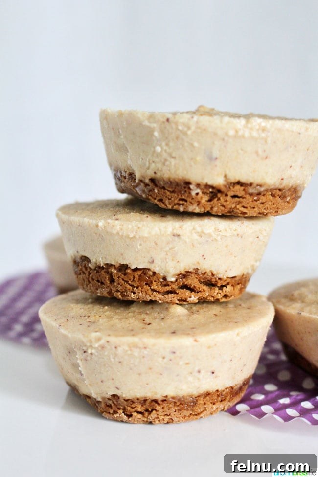 Effortless Vegan Cheesecake Bites 3 Stack of three nutty vegan no-bake cheesecake bites on a plate with purple polka dot wrapper.