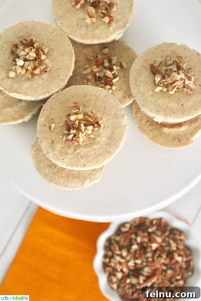 Effortless Vegan Cheesecake Bites 6 Overhead view of the tops of several stacked nutty vegan cheesecake bites with chopped nuts topping.