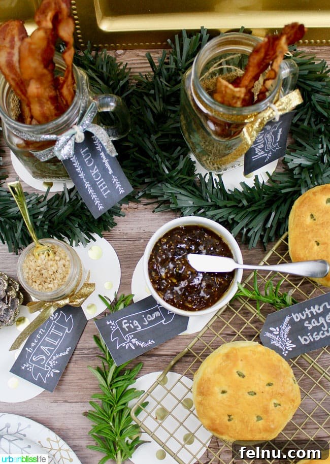 Craft Your Own Holiday Bacon Board 7 A festive Holiday Bacon Bar setup with chalkboard labels and tags.