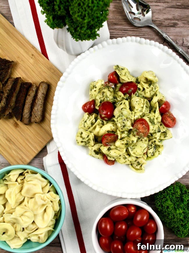 Pesto Steak Tortellini plated and ready to eat