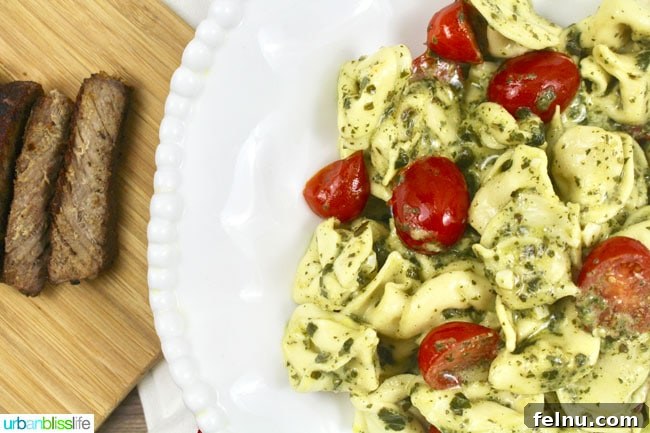 Close-up of Pesto Steak Tortellini in a bowl