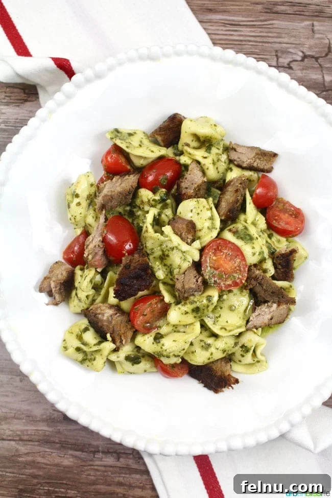 Delicious Pesto Steak Tortellini close-up