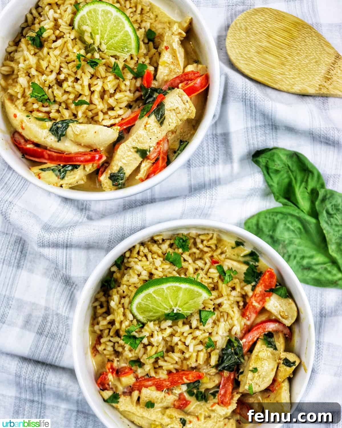 Tropical Coconut Lime Chicken 8 Two enticing bowls of Thai coconut lime chicken, richly adorned with red bell pepper slices and fresh lime, expertly served over a bed of fragrant rice.