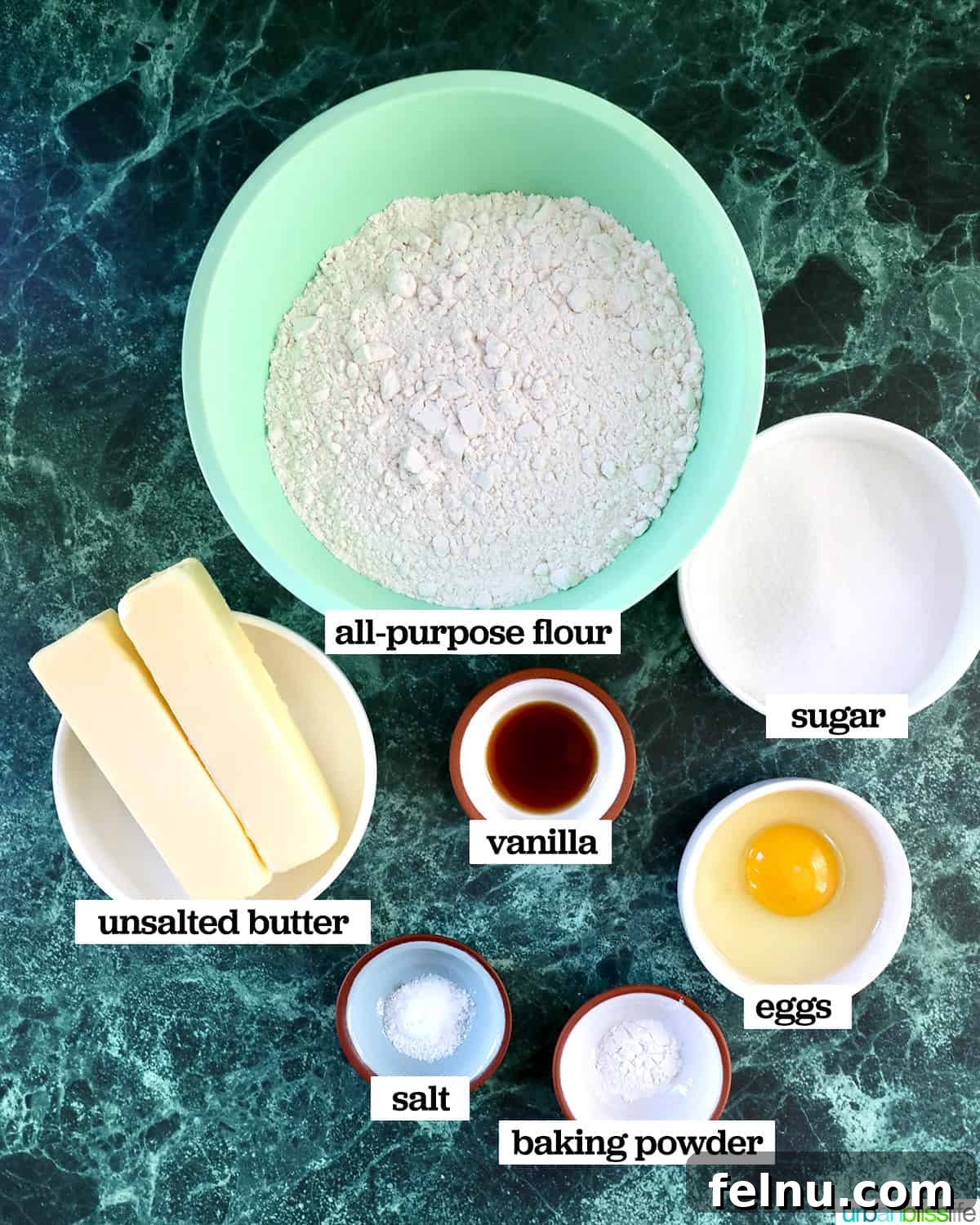 Baking Fundamentals 6 Bowls of ingredients for making sugar cookies
