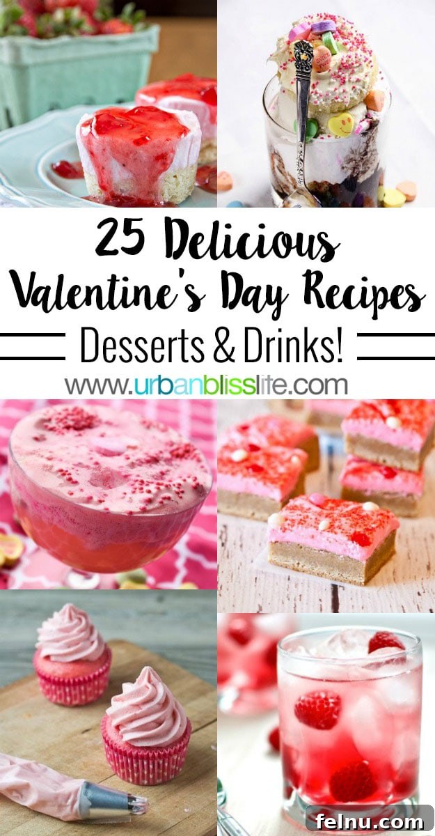 25 Irresistible Valentine's Day Treats and Sips 2 A collage featuring a variety of beautiful Valentine's Day desserts and drinks, including cupcakes, chocolate treats, and colorful beverages.