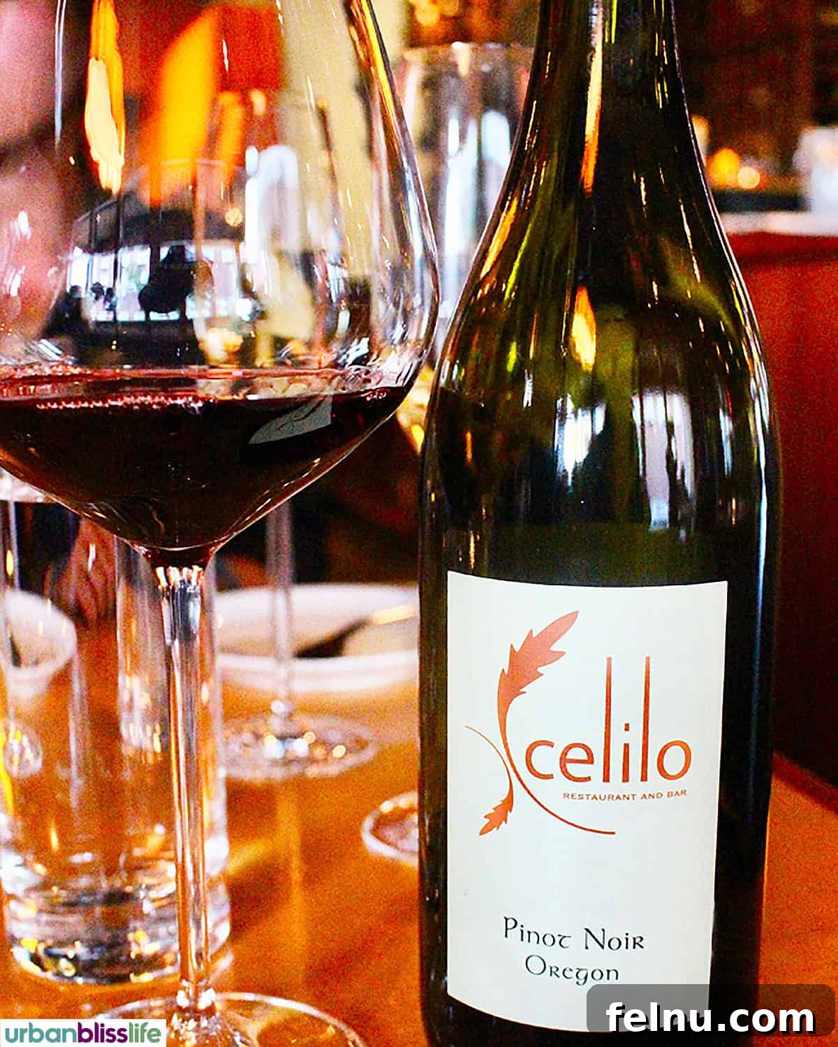Hood River: Oregon's Adventure Capital 17 A sophisticated bottle of Celilo wine positioned elegantly next to a glass of rich red wine, suggesting a fine dining experience.
