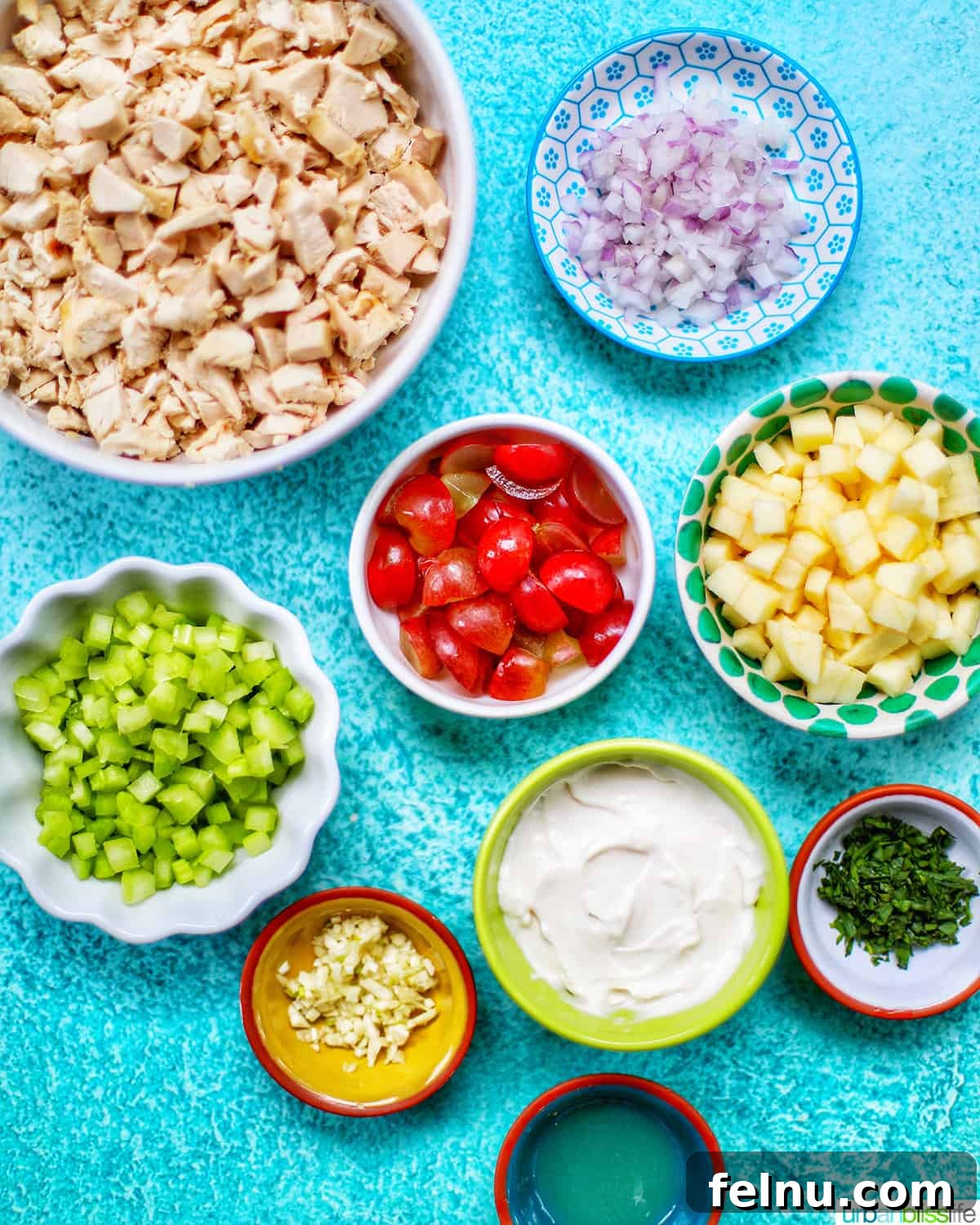 Dainty Chicken Salad Tea Bites 4 Ingredients laid out for making classic chicken salad tea sandwiches