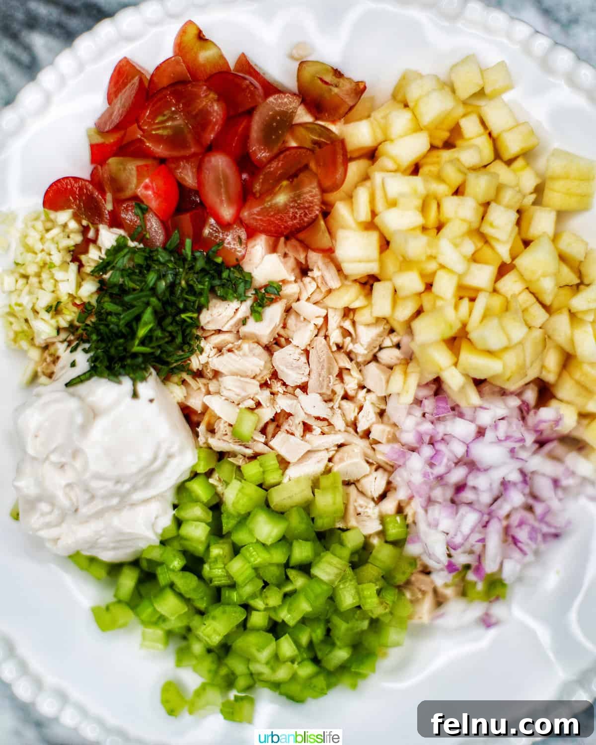 Dainty Chicken Salad Tea Bites 5 Bowl of fresh ingredients ready for mixing chicken salad